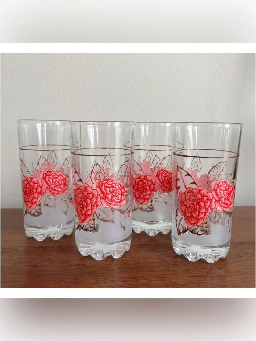 Vintage Rose Flower Print Drinking Glasses Tumblers Set Of 4